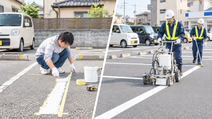 駐車場のライン引きをDIYと業者依頼で比較しているイメージ画像